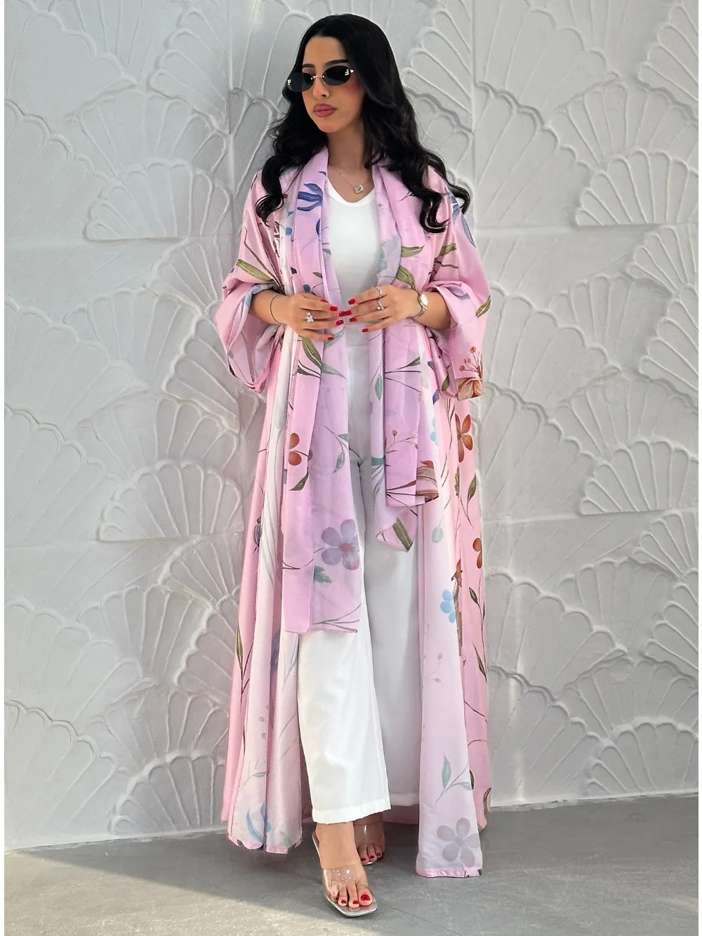 Dubai Cardigan Abaya Scarf Women Open Dress 2 Piece Set Eid Print Dubai Cardigan Morocco Caftan Jalabiya Long Roeb Ramadan Party