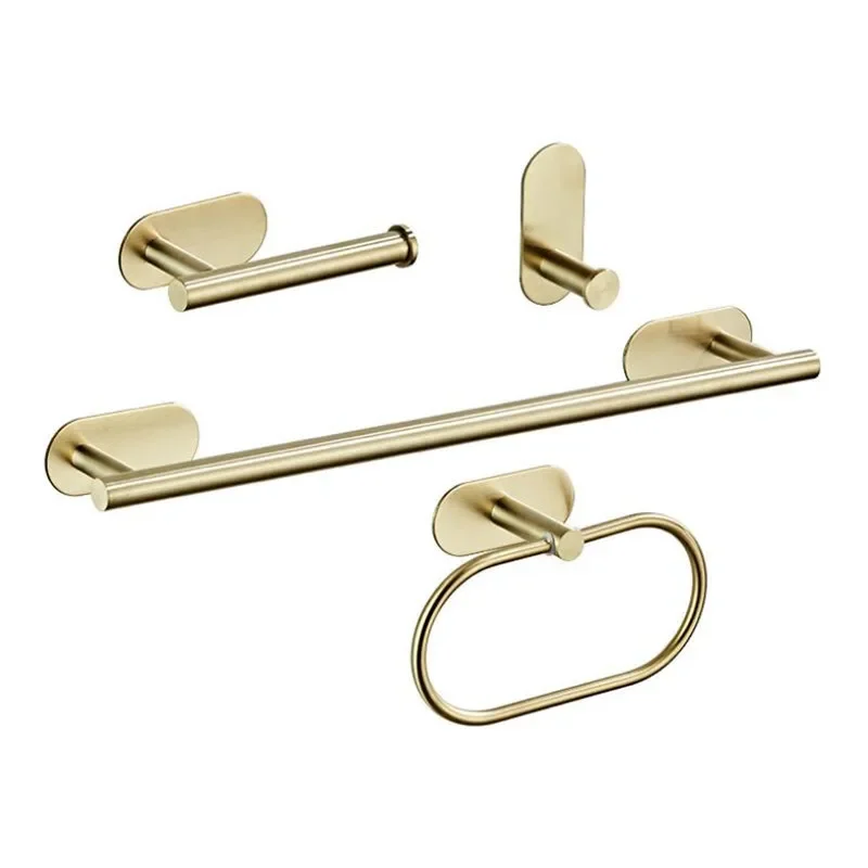 

Brushed Gold Stainless Steel Bathroom Hardware Kit Nail-Free Kitchen Accessory Single Hook Towel Rack Roll Paper And Towel Ring