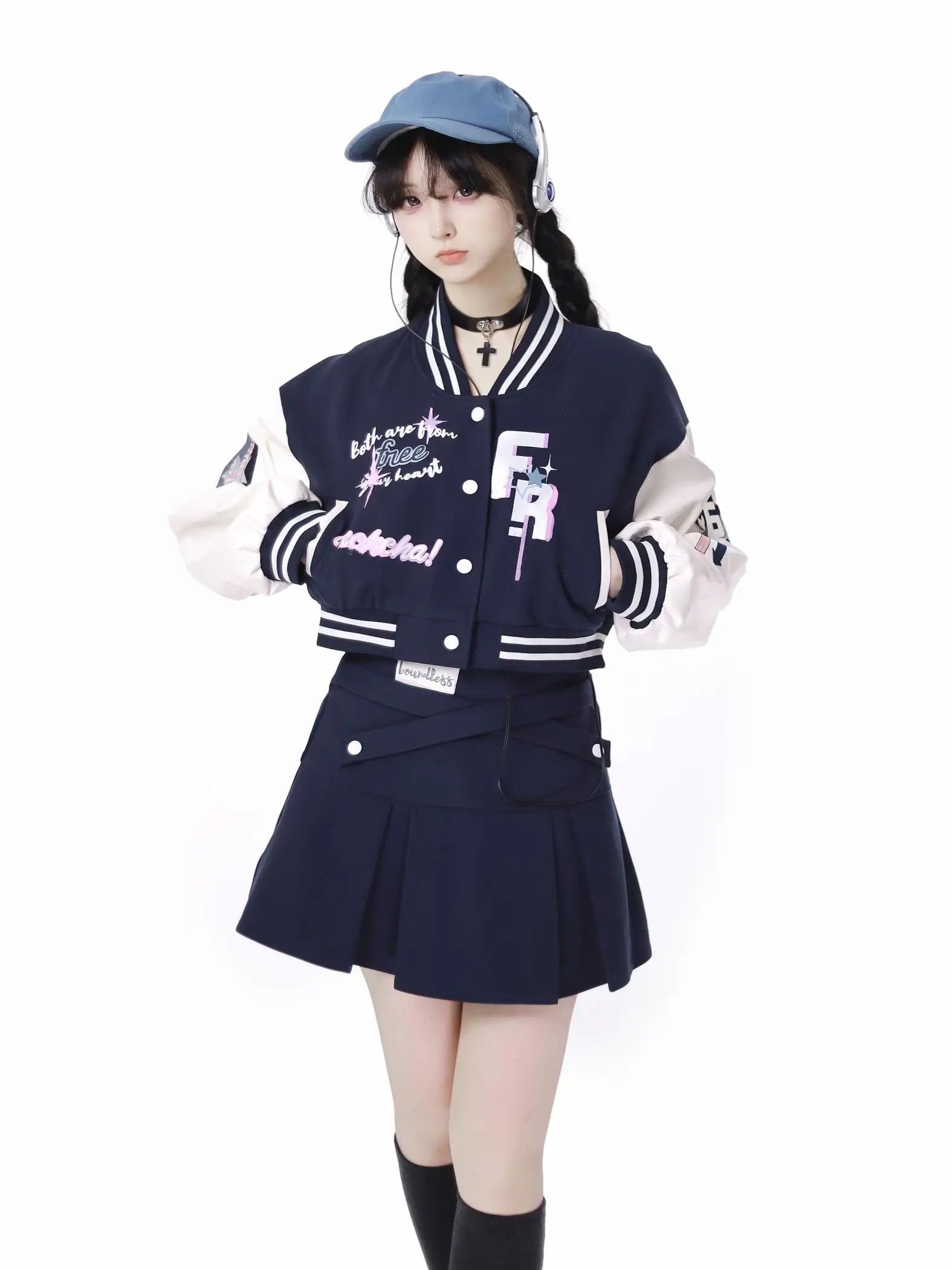 2024 New Autumn Leather Patchwork Navy Blue Leather Baseball Jacket College Style Girl Women's Short Skirt and Pants Set Outfits