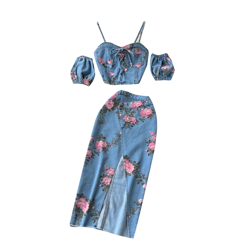 Hong Kong Sle Retro Chic Oulder Bared Zweiteiliges Set für Frauen Hohe Taille Split Rock Oberbekleidung Crop Top Sommer Faion