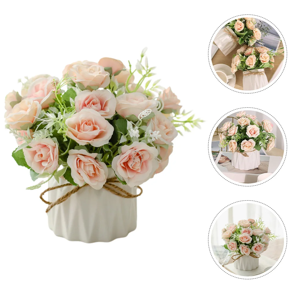 

Artificial Rose Potted Plant Realistic Silk Flower Ceramic Pot Fake Bonsai Office Home Decoration Faux Plants