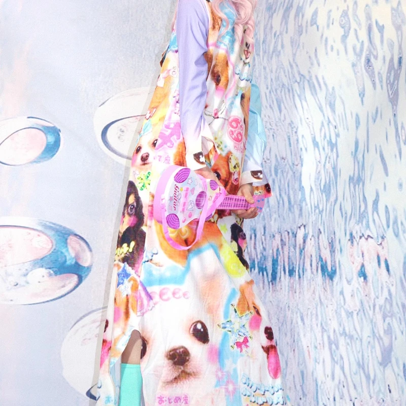 Japanese 2025 Spring Summer New Colorful Women's Long Dress Y2k Sweet Cute Cartoon Print Loose And Thin Shirt Dresses Ladies