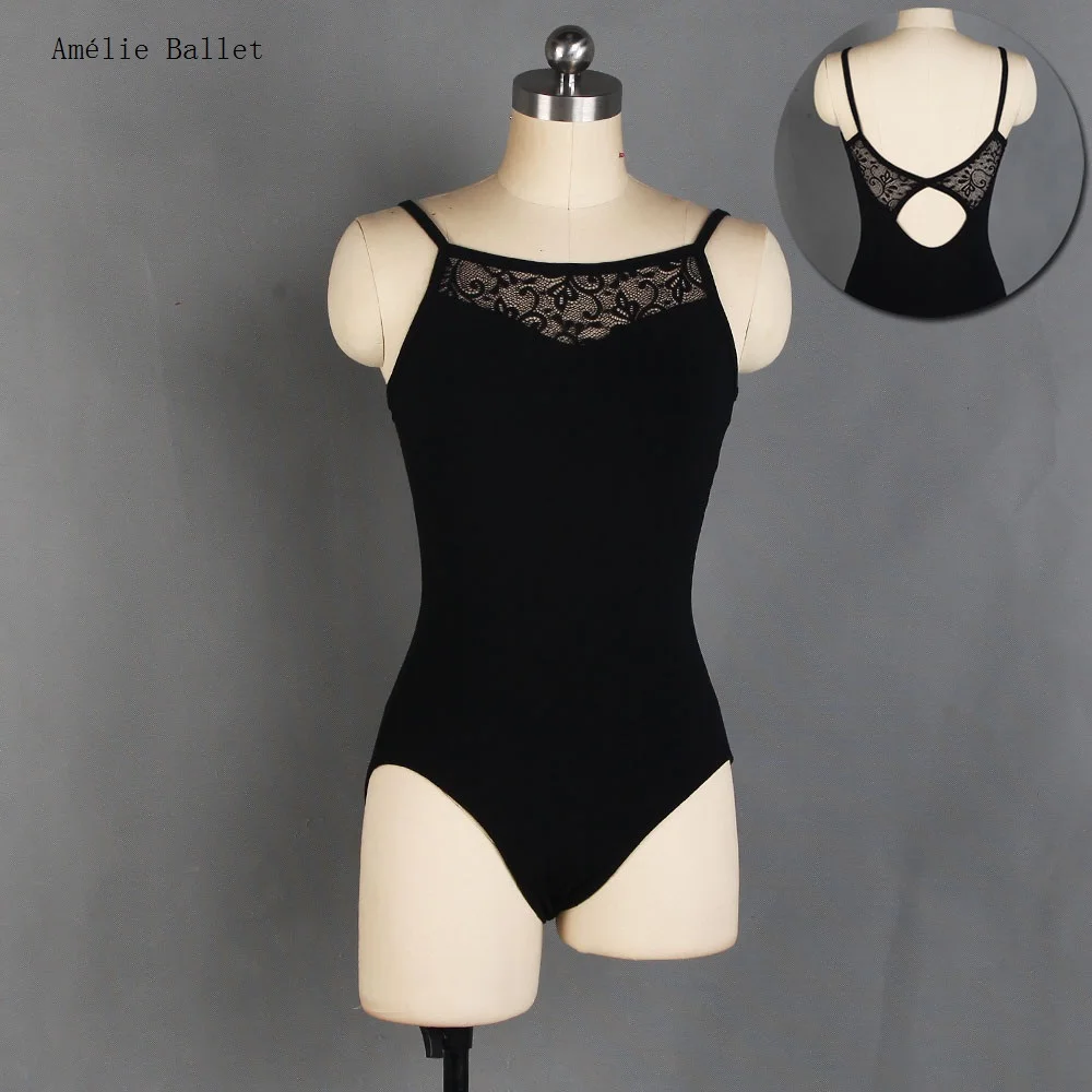 01D2101 Black Cotton and Lace Leotards Bodysuit for Girls and Women Ballet Wear Practice Camisole Leotard