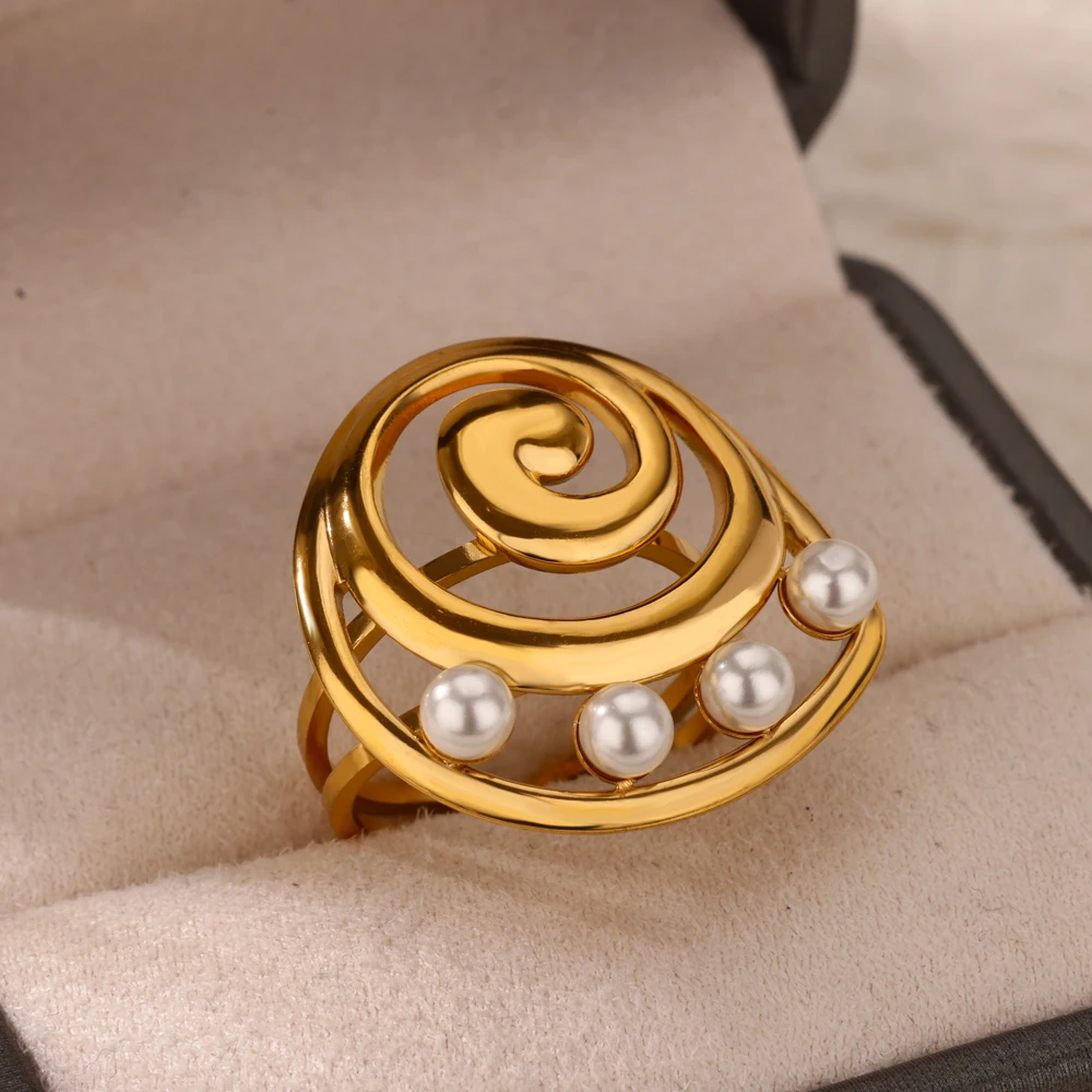 

Elegant Spiral Geometric Imitation Pearl Opening Rings For Women Men Gold Color Finger Rings Christmas Jewelry Party Gifts