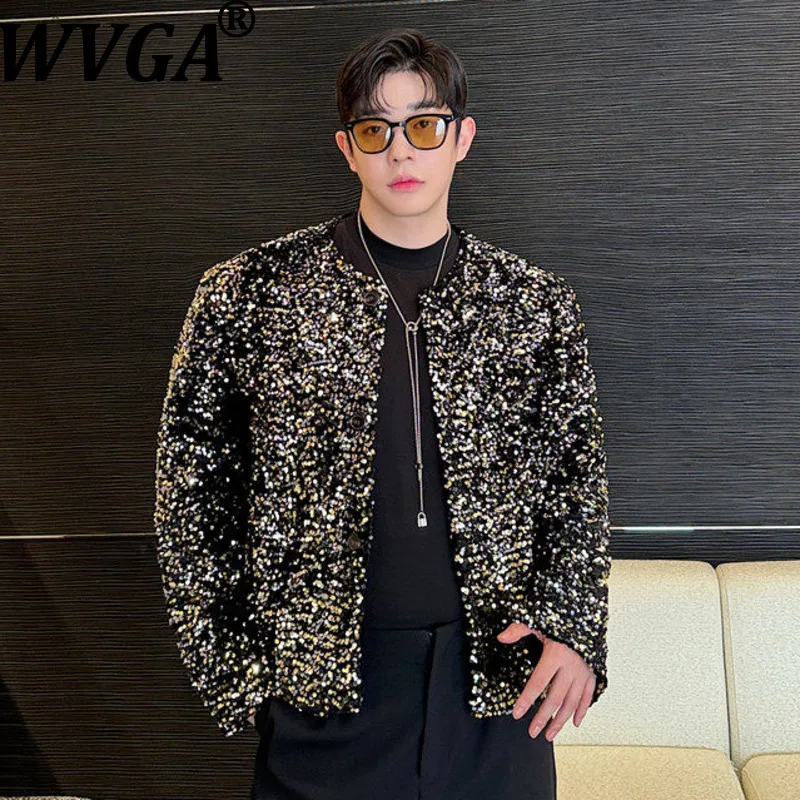 

WVGA Autumn Winter New Men Tide High-End Sequin Trendy Short Jacket Niche Chic Casual Korean Version Collarless Coats Ins W17458