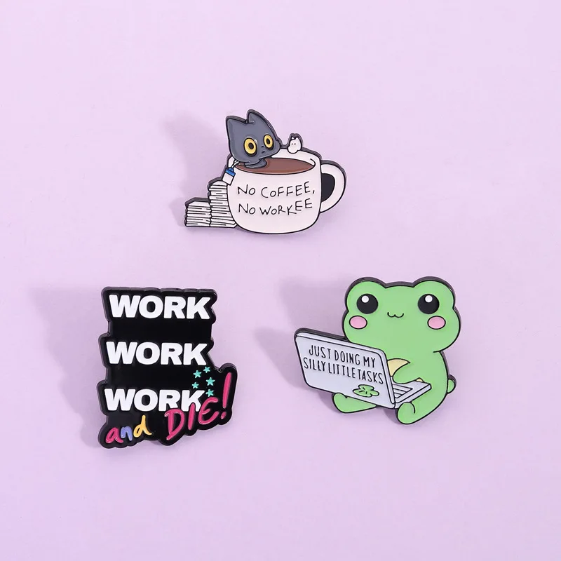Funny Work Meme Enamel Pins Set 3Pcs No Coffee No Workee Cat Frog Brooches Work And Die Lapel Badges Gift For Office Workers
