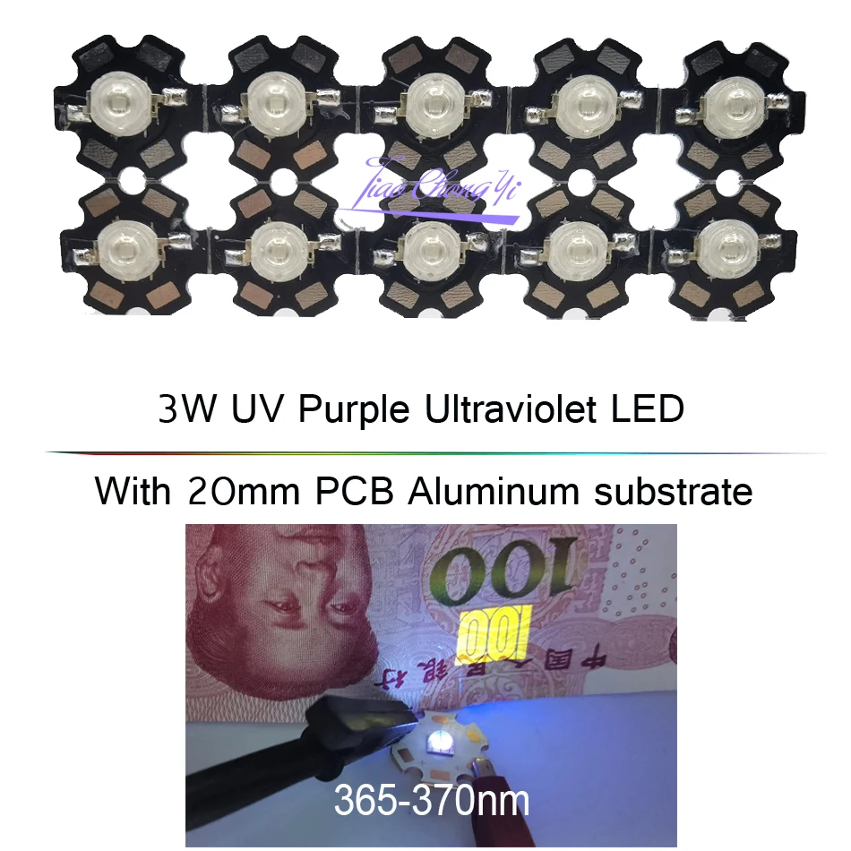 고출력 LED UV 라이트 칩, 울트라 바이올렛 전구 램프, 20mm PCB 알루미늄 기판, 3W, 365-370nm, 10 개/로트