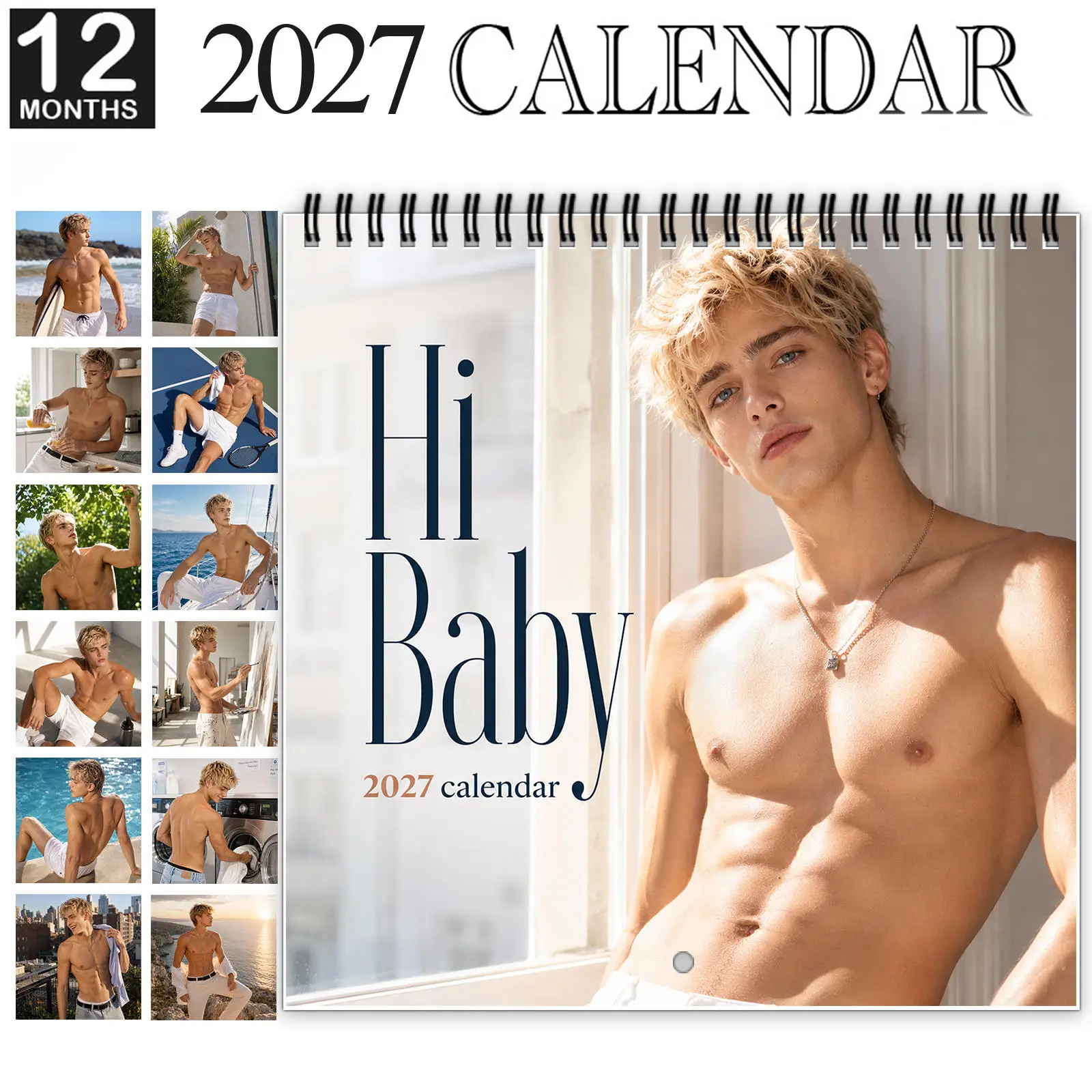 2027 Hey Boy Monthly Hanging Wall Calendar Twin Wire Binding Handsome Young Man Beach Tennis Pictures Home Office Wall Ornament