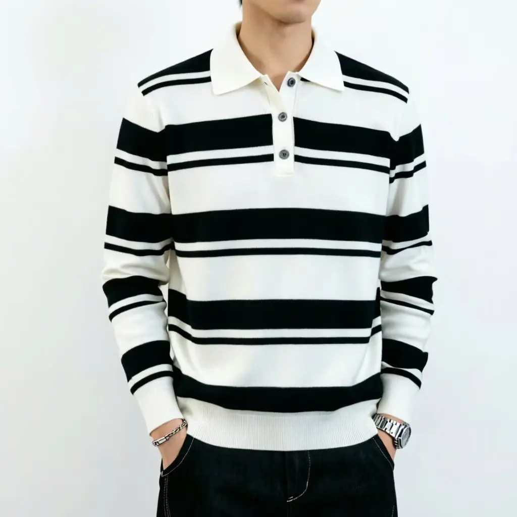 Men's Casual Stripe Sweatshirt Long Sleeve  Collar Top Loose Fit Polyester Fabric Breathable Wear Resistant Autumn New Style