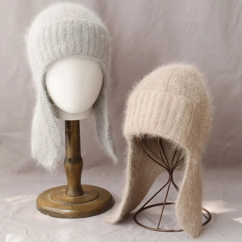 

Soft Rabbit Fur Winter Hat for Women Knitted Fluffy Beanie Ladies Ear Protection Warm Plush Skull Thick Fleece Hats