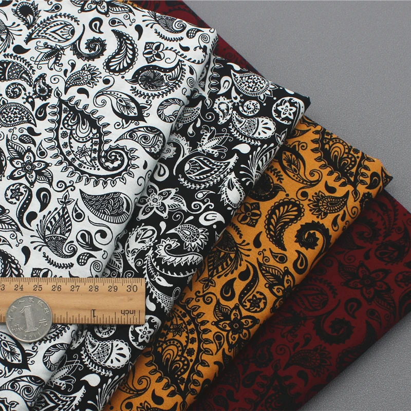 145x50cm Black and White Cashew Printed Cloth Sewing Fabric,  Phoenix Tail Ethnic Style  Colorful  Pure Cotton