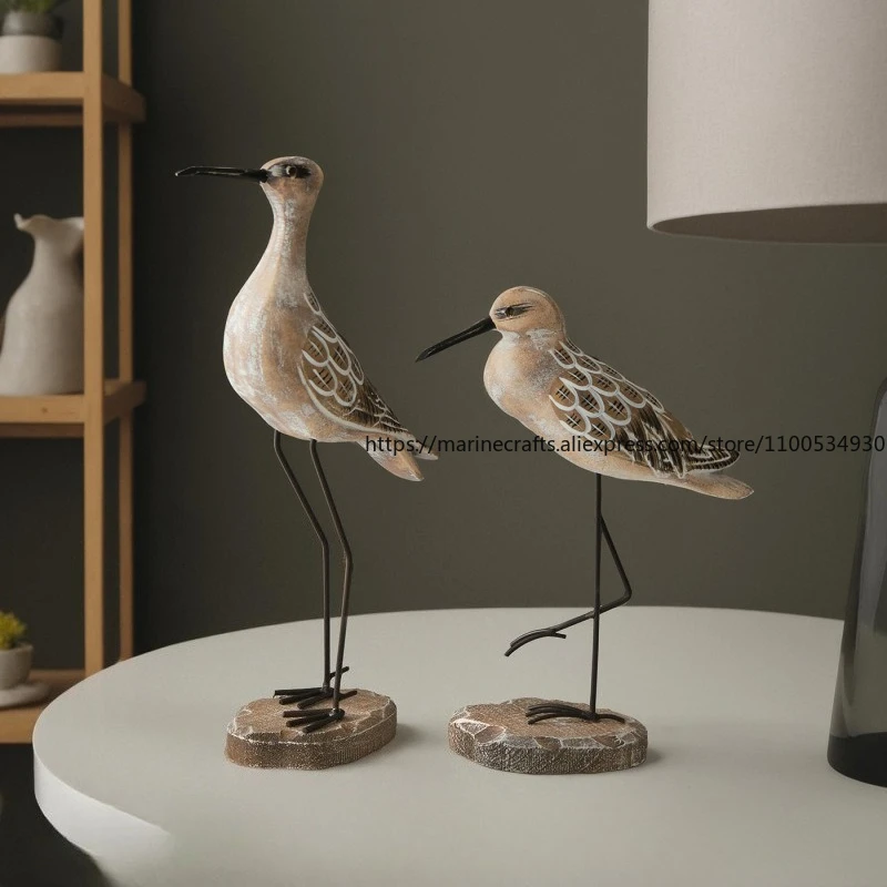 Retro Long-Legged Seabird Desktop Decoration Wooden Craft Marine Style Ornament for Home Restaurant Seagull Decor