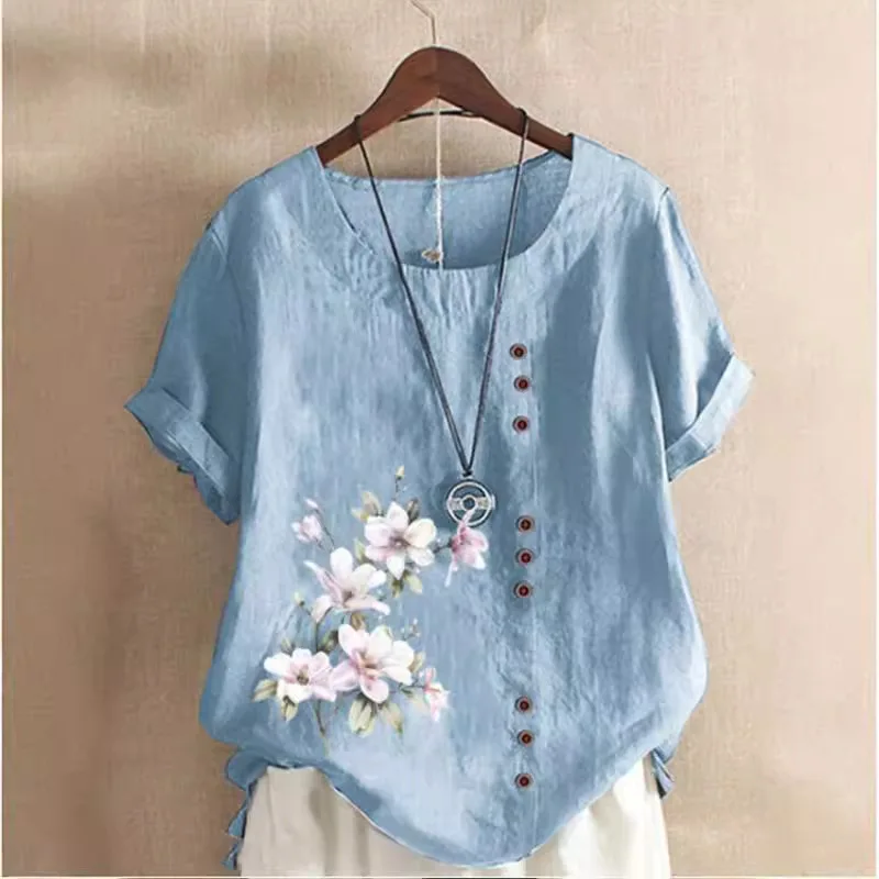 New Chinese Style Summer O-neck Short Sleeve Loose Button Print T-shirts Fashion Elegant Plus Size Blouse Casual Oversized Tee