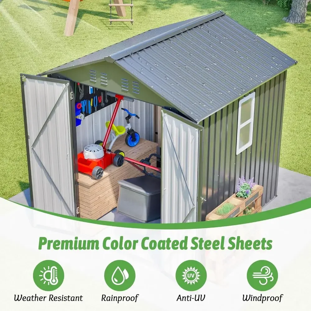 6x6 Galvanized Steel Outdoor Storage Shed with Lockable Door, Sloping Roof, and Clear Window for Garden Tools, Backyard, Patio, view 5