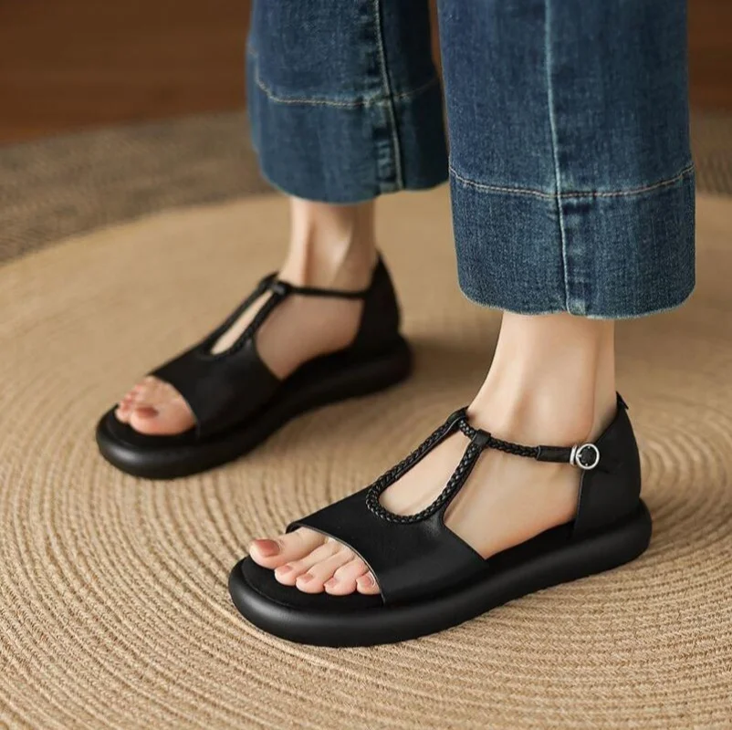 

New Women's Roman Sandals Open Toe T-Strap Woven Flat Soft Leather Soft Sole Vintage Summer Black Brown Sz 35-40