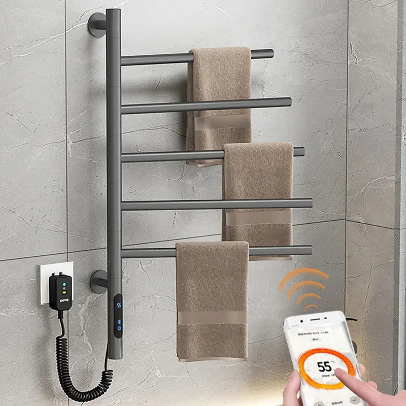 

Wall Grey Adhesive Bath Rotating Towel Rack Warmer Bathroom Stainless Steel Thermostat Electric Towel Rack