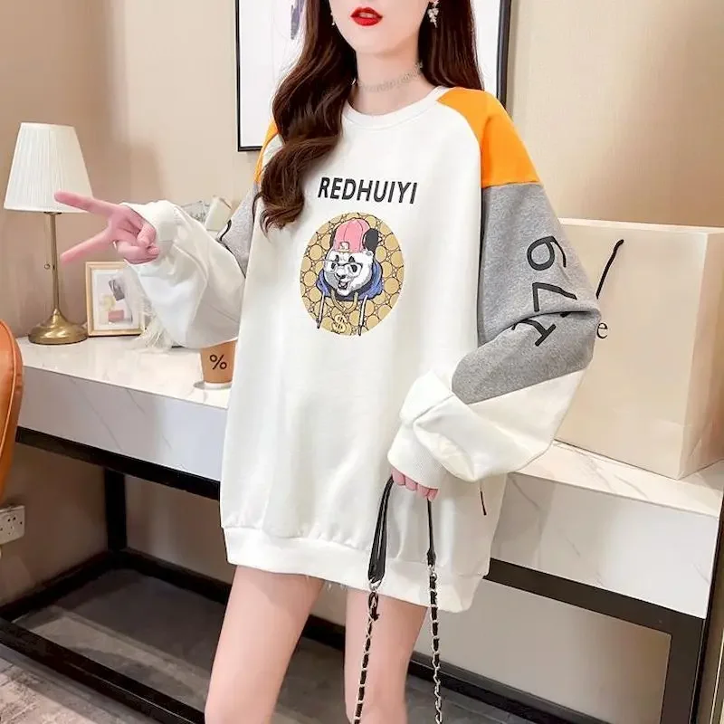 Womens Pullovers Autumn Trend Thin Tops fashion Contrast Color Cartoon Oversized Pullover Loose Long-sleeved Tshirt Sweatshirt