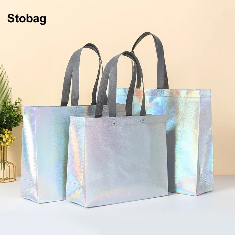 StoBag 50pcs Wholesale Laser Non-woven Tote Bags Fabric Shopping Shoulder Storage Reusable Large Pouches Custom Logo(Extra Fee)