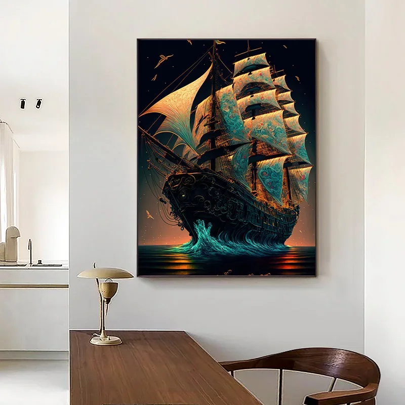 Abstract Pirate Ship Sea Moon Night Poster Print Canvas Painting Wall Art Picture For Living Room home Decoration Cuadros