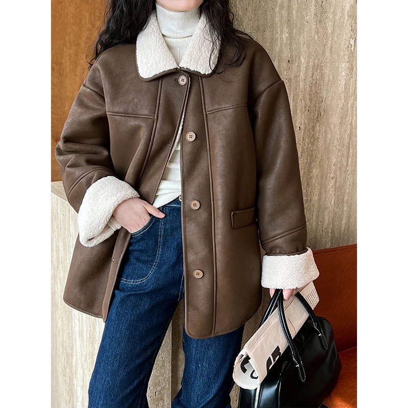 

Vintage Worn Fur One Piece Lamb Plush Coat For Women Korean Autumn Winter New Motorcycle Thickening PU Leather Coat