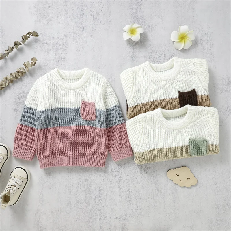 

2023-08-01 Lioraitiin Baby Boys Girls Knit Sweater Contrt Color Warm Crew Neck Pullovers Sweatshirt Long Sleeve Tops Clothes