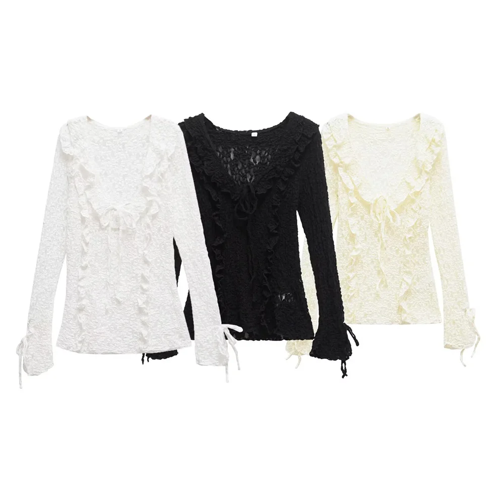

PB&ZA2025 Women's Delicate Feminine Flirty Textured Elegant White Black and Ivory Ruffled Lace - up Long Sleeve Tops