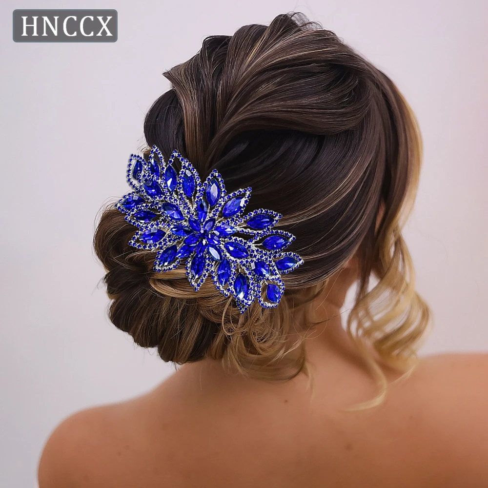 HNCCX Luxury Rhinestone Hair Comb Bling Bride Headdress Wedding Hair Ornaments Fashion Blue Color Headwear Party Headpiece HP912