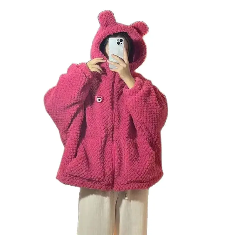 Pull à Capuche en Poils d'Agneau pour Fille, Manteau d'Hiver à la Mode, Dessin Animé, Chapeau Décoratif, Vêtements d'Étudiant en Peluche Optique, Veste Décontractée à la Taille