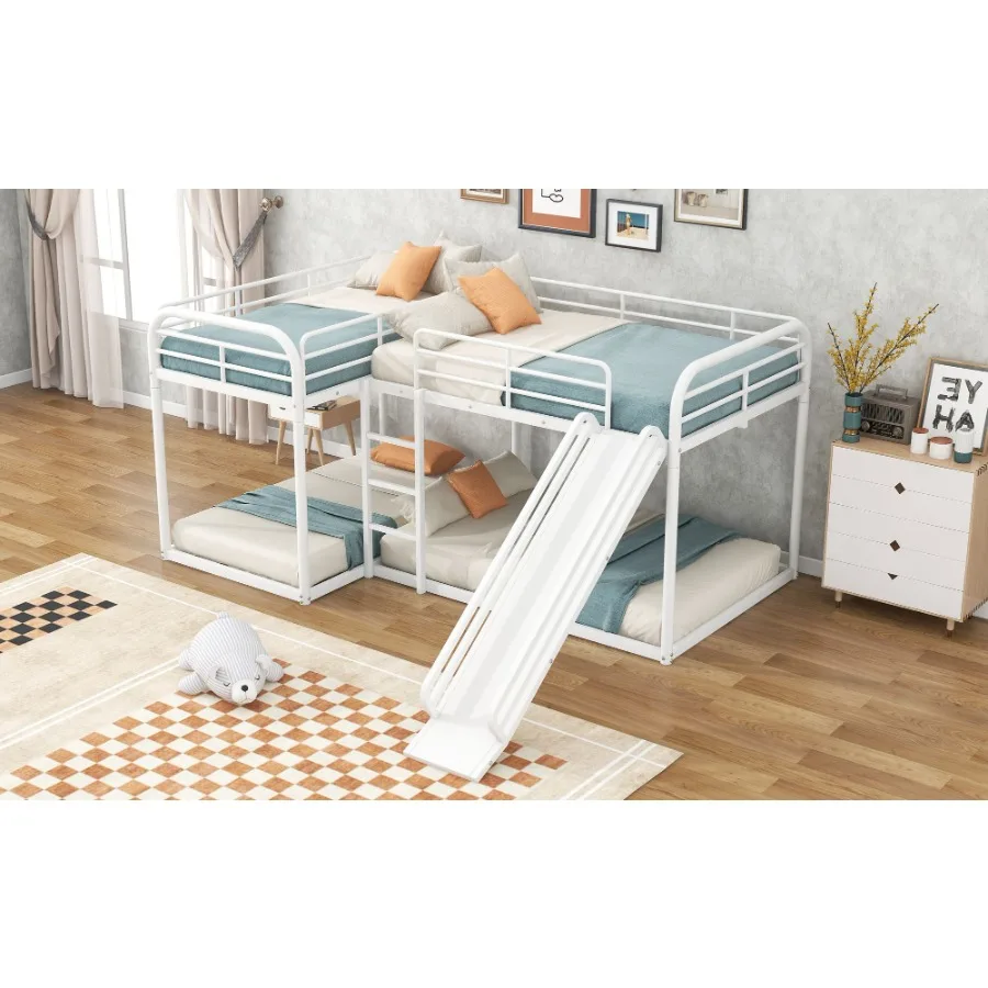 Full and Twin Size L-Shaped Bunk Bed with Slide and Short Ladder White
