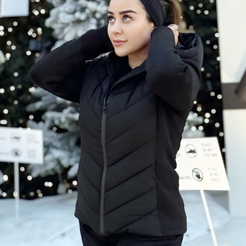Jaqueta feminina preto inverno 2025 novos casacos e jaquetas ao ar livre com capuz senhora zip-up leve acolchoado jaquetas popular streetwear