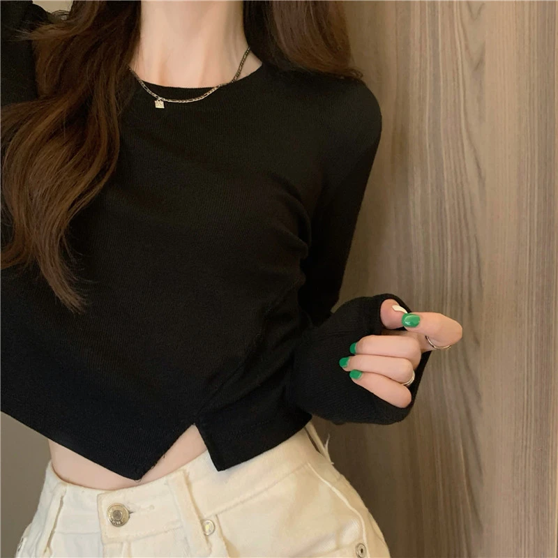 New Spring Fashion Y2K T-shirt Woman Vintage Long Sleeve Tee Shirt Femme Basic Solid Crop Top Women Solid Sexy Clothes Tshirt