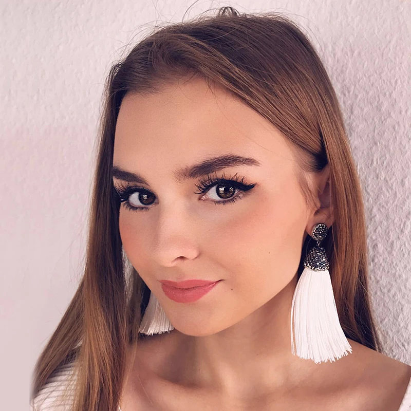 Women Bohemian Crystal Long Tassel Dangle Earrings For Girls Black Red White Silk Fabric Drop Earring Woman Accessories Jewelry