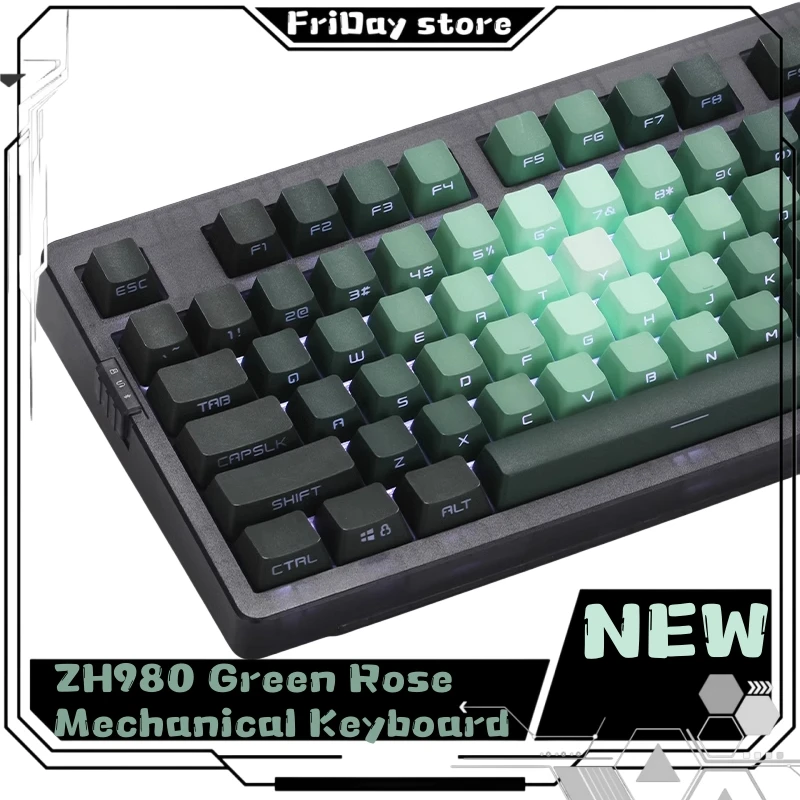 Zh980 Green Rose Mechanical Keyboard Wired Wireless Bluetooth Two Connection Mod Customized Female Office Mute Keyboard Wallpape