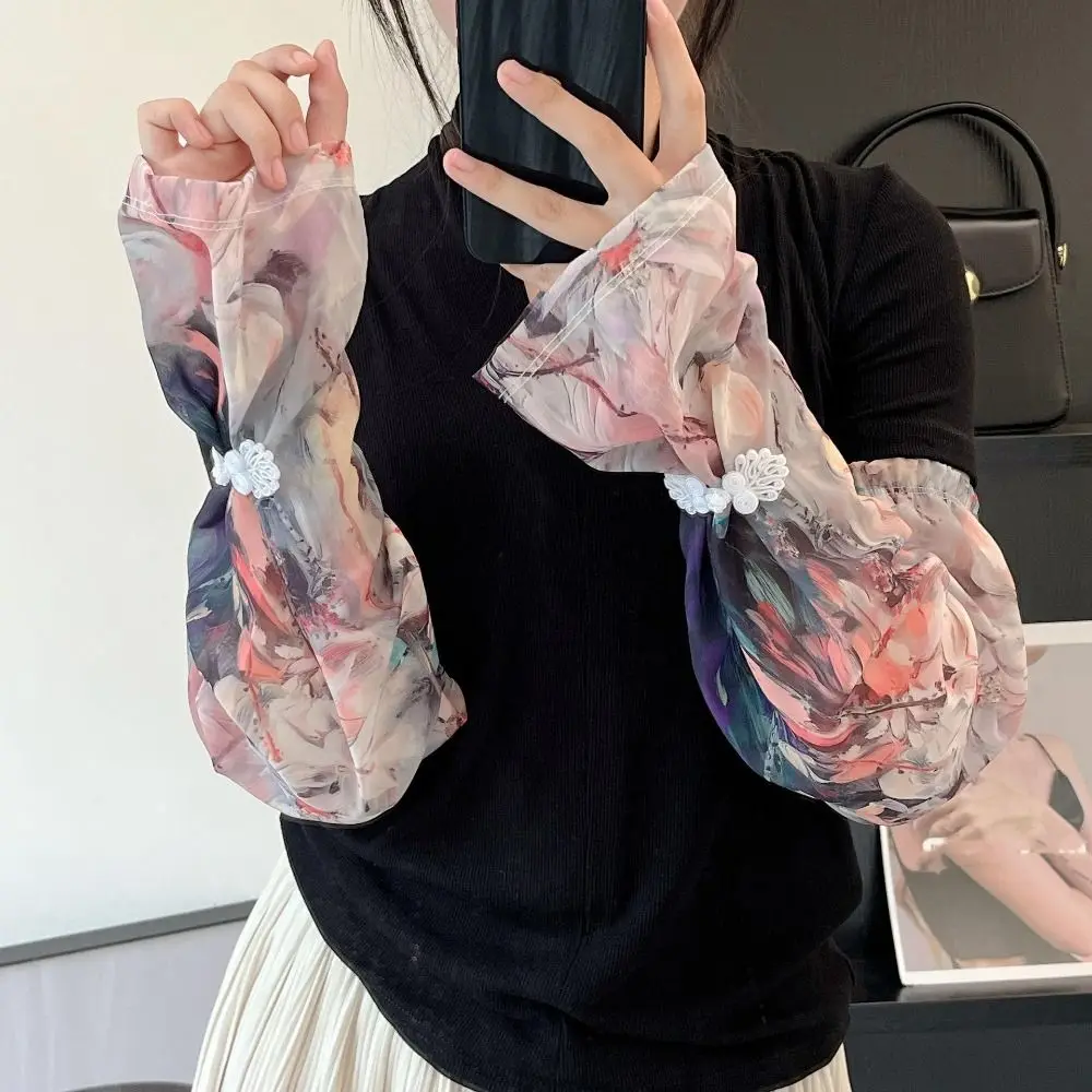 

Chinese Style Buckle Printed Ice Silk Sleeves Anti-UV UV Insulation Chiffon Sunscreen Sleeve Arm Covers Flower Cycling Gloves