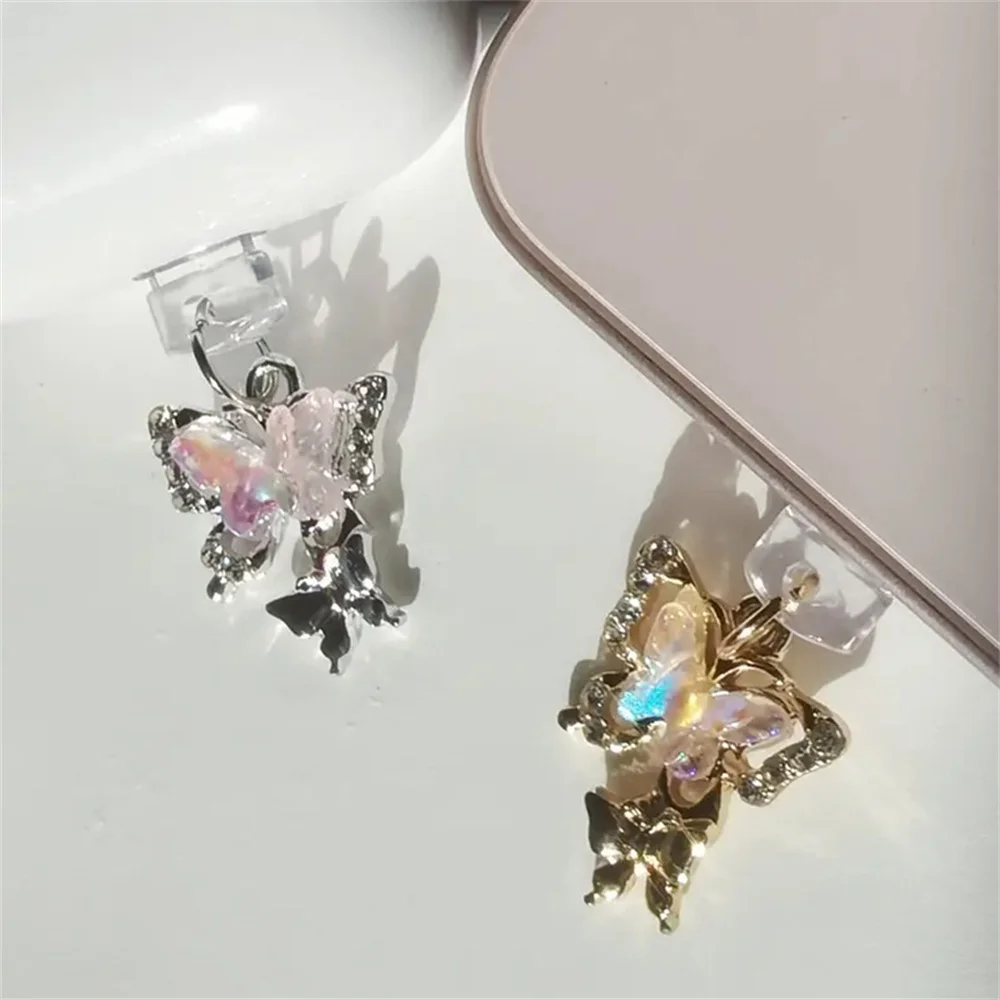 فراشة جميلة الهاتف الغبار التوصيل الملحقات الديكور شنقا قلادة آيفون سامسونج نوع C واجهة ميناء الشحن