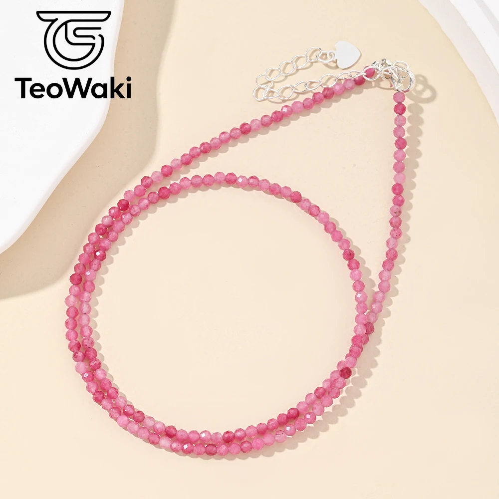 TeoWaki Natural Stone Bead Necklace Adjustable Extension Chain Tourmaline Gemstone Daily Jewelry Gift For Family Friends 40+5cm