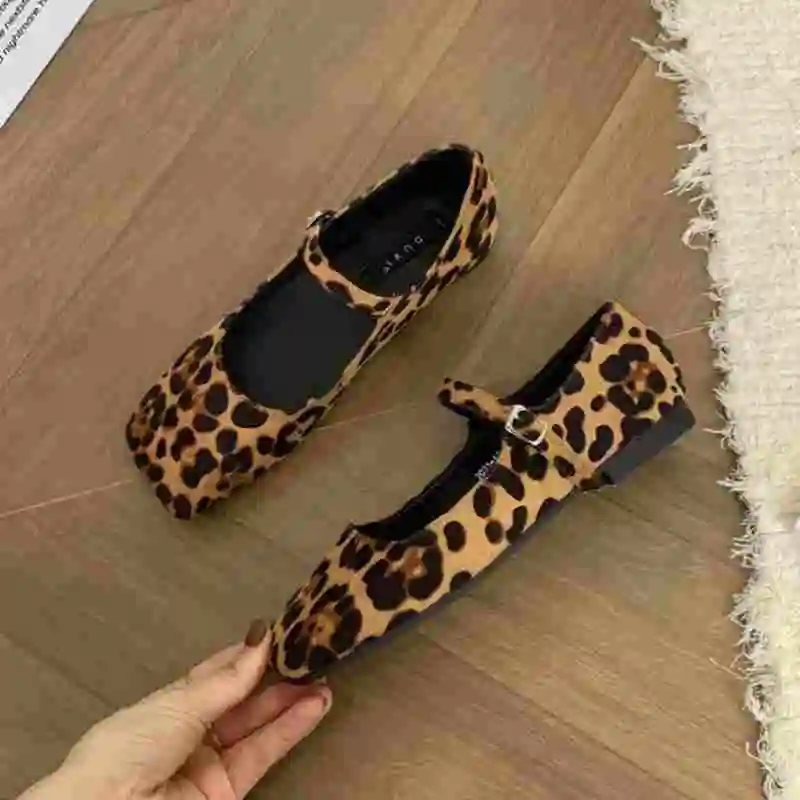 Flat Heels French Dress Party Shoes for Woman Mary Jane Square Toe Leopard Print Classic casual Lady Shoes Fashion Shallow Mujer