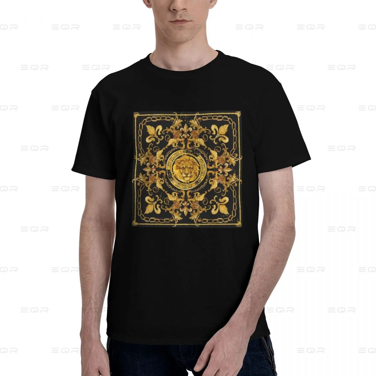 Golden Lion And Damask Ornament Men's round neck T-shirt,Tee Shirt Short Sleeve Novelty all the year round Gift,3D print