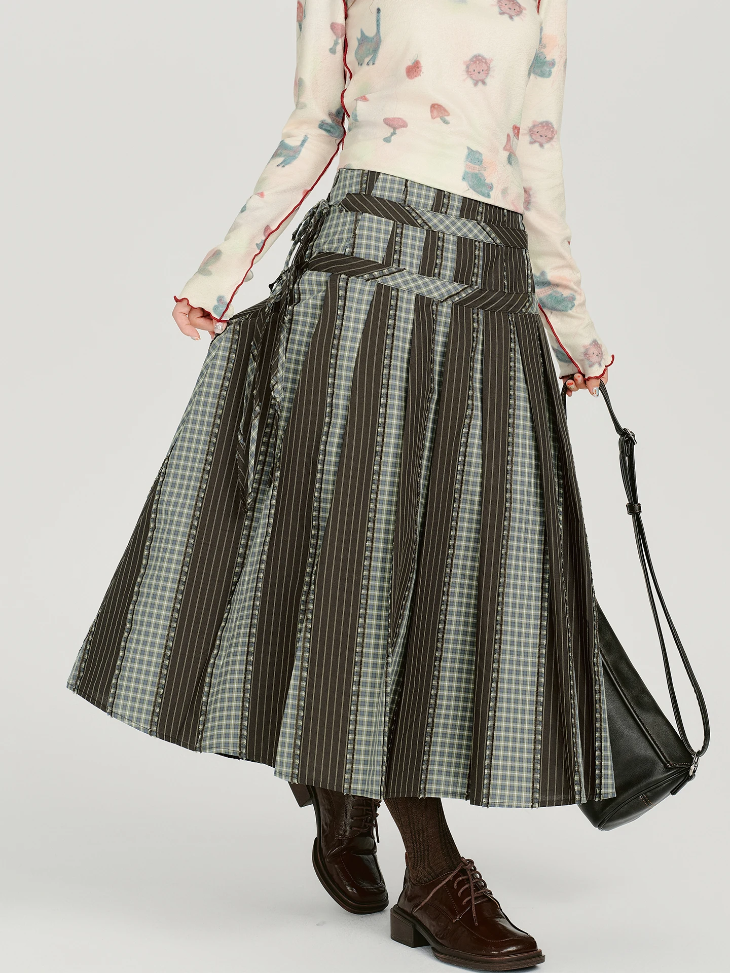 

Женская юбка миди в американском ретро-стиле с клетчатыми и полосатыми вставками, с завышенной талией, осенне-зимняя, повседневная, с поясом, дизайнерская