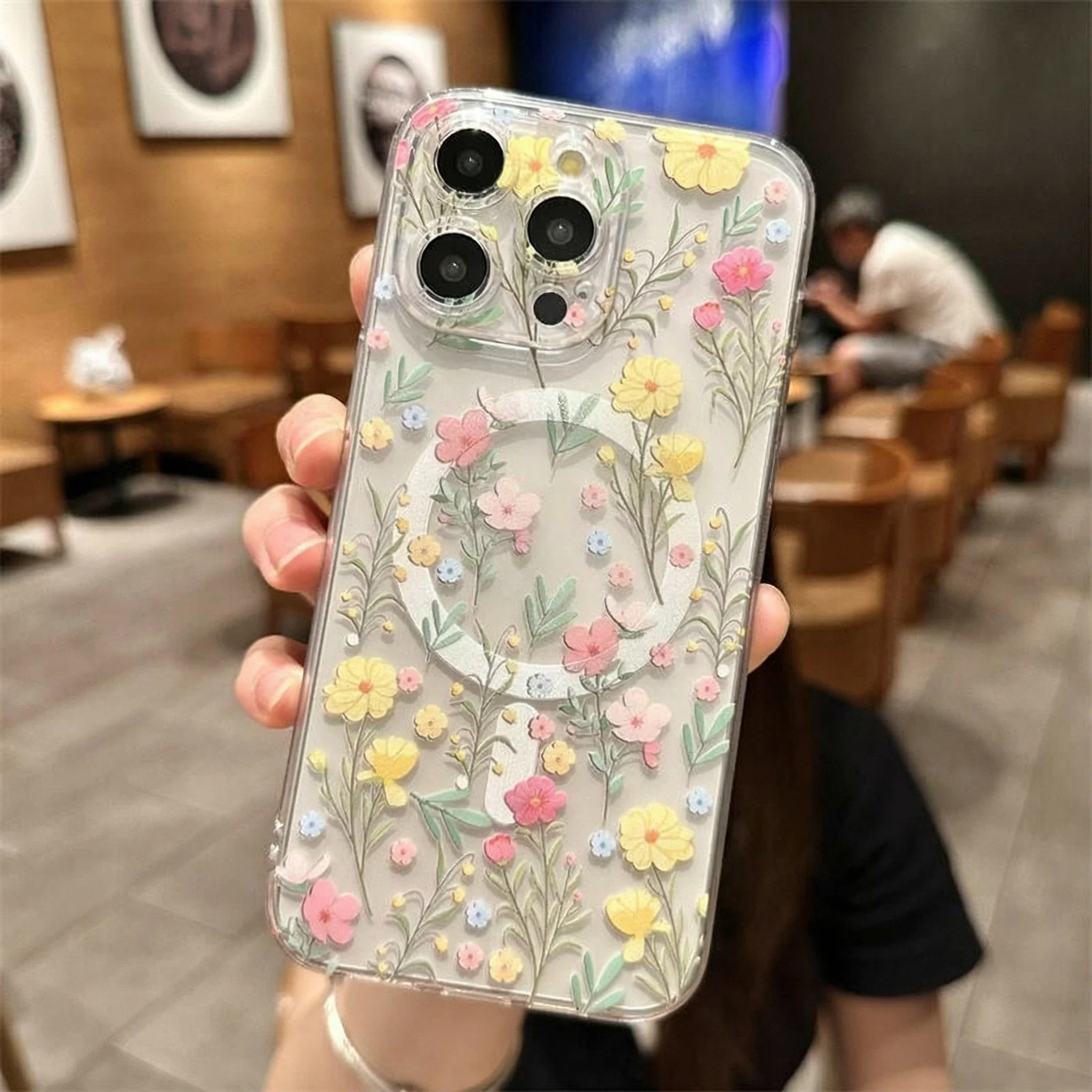 Transparent With Magsafe Magnetic Print Flower Case For iPhone 17 Air 16 13 12 14 11 Pro Max 15 Plus Wireless Charge Clear Cover