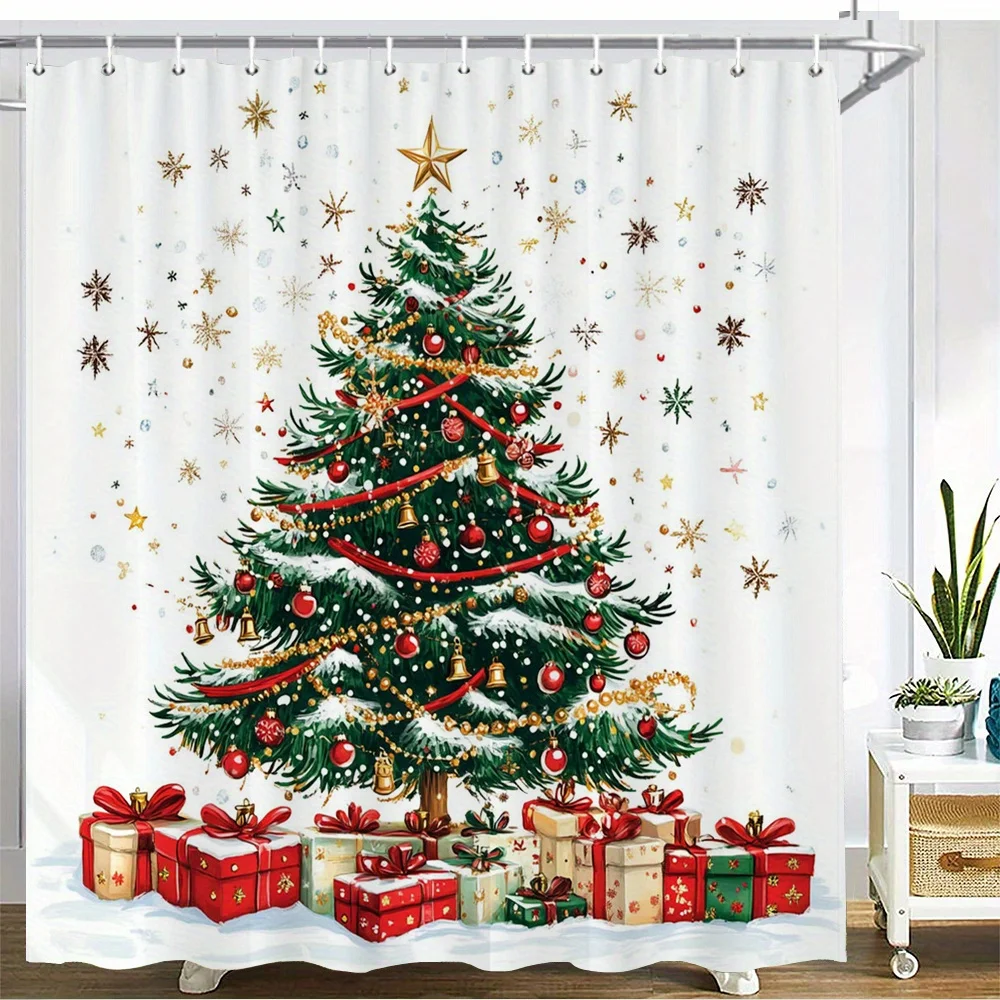 Festive Christmas Tree Shower Curtain - Golden Ornaments & Red Baubles Snowy Holiday Scene with Presents