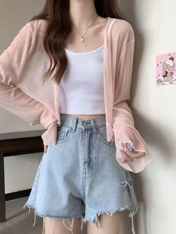 เสื้อคลุมไหมน้ำแข็งถักน้ำหนักเบา ป้องกันแสงแดด สำหรับผู้หญิง ใส่คลุมในฤดูร้อน ระบายอากาศดี แต่งลูกไม้ คอวี สีพื้น