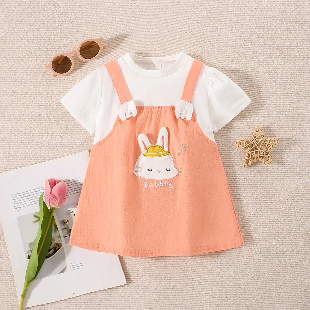 (6-24 Months) Summer New White Short Sleeved Baby Girl Dress, Cartoon Rabbit Children\'S Clothing