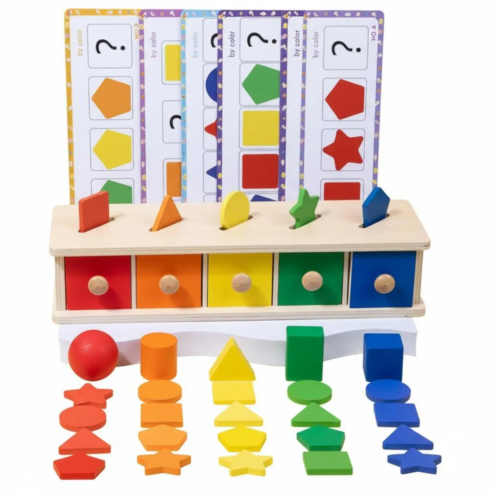 Educational Wooden Fabric Box with Shape Matching Top and Color Coded Drawers for Children Fine Motor Skills Preschool Learning