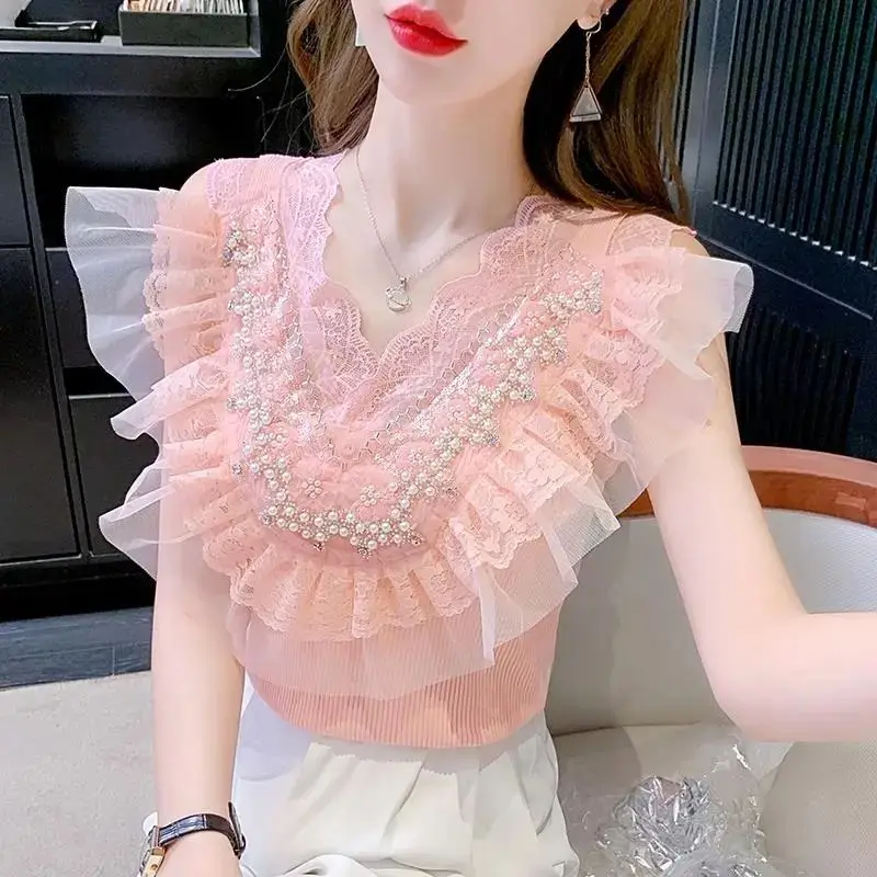 

Elegant V-Neck Spliced Lace Beading Ruffles Blouse Female Clothing 2024 Summer New Chic Tops Sleeveless Sweet Shirt