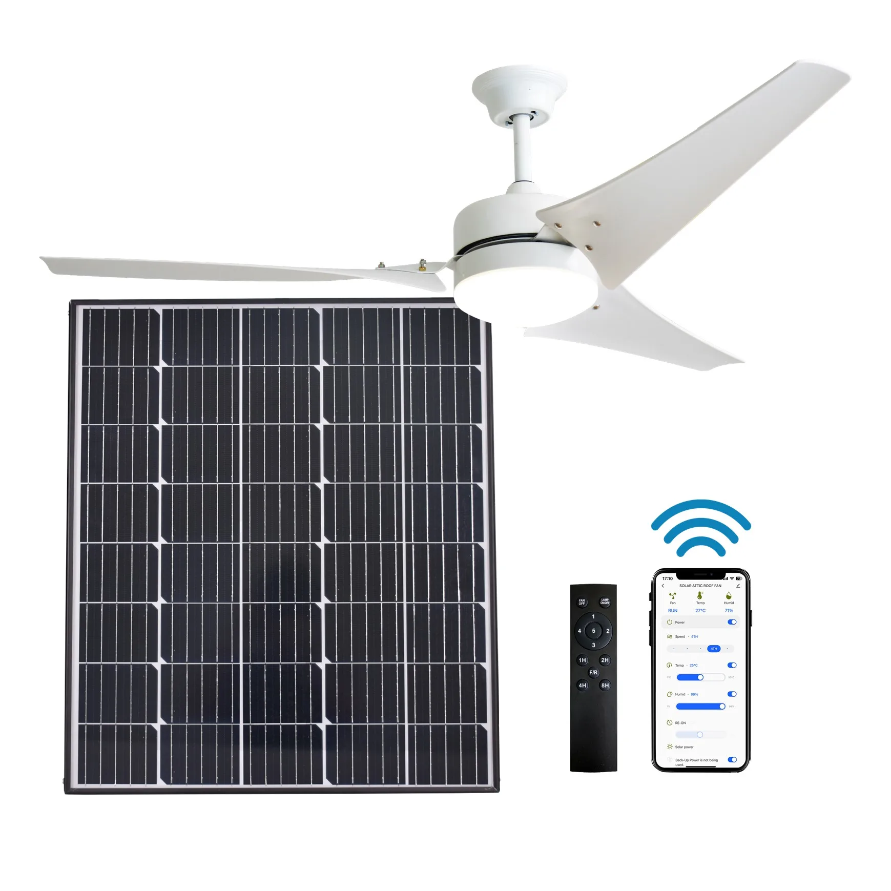 

60 Inch Solar DC Ceiling Fan with Light Living Room Office Commercial Ceiling Mounted Air Cooling Fan for Outdoor Courtyard