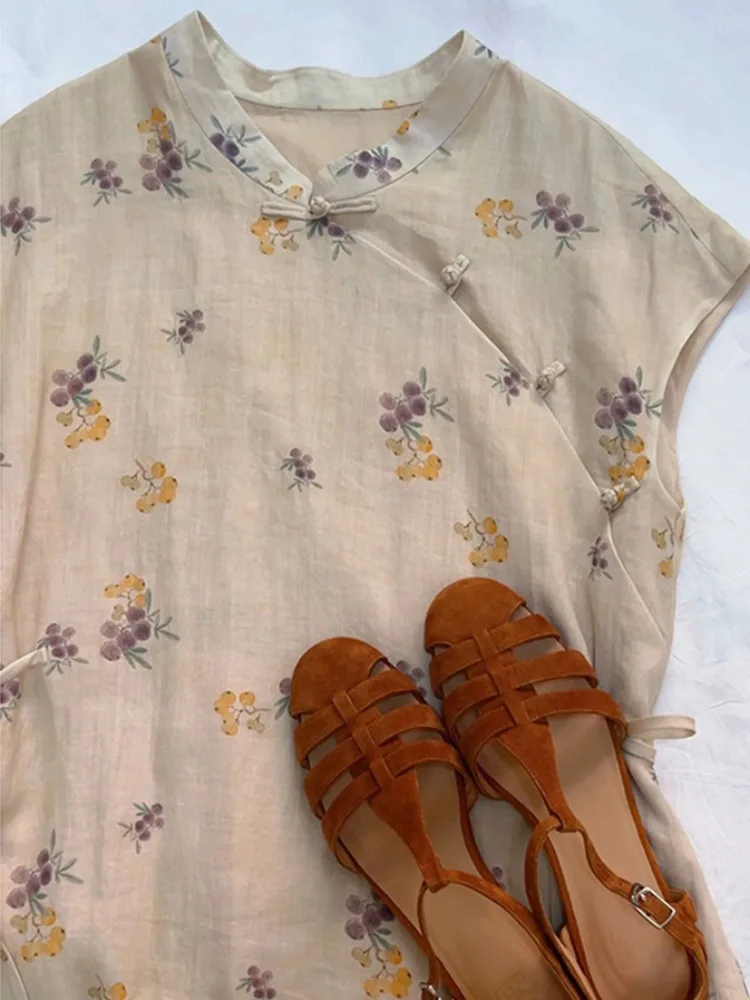 Chinese Sle Vintage Zijde Katoen Linnen Bloemenprint Dr Vrouwen Zomer Zijknop Taille Cinched Beltl Zwart...