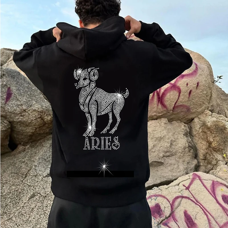 Social Mens Oversized Sweatshirt Hoodies Aries Rhinestone Pattern pocket Hoody Male Casual Club Coats Unisex Pullover Clothing