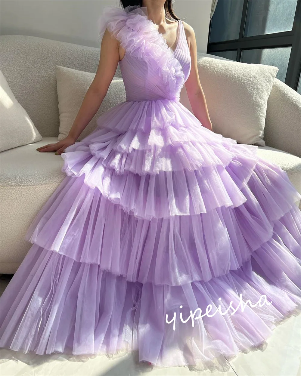 Jiayigong Sparkle  Prom Tulle Tiered Evening  Gown V-neck Bespoke Occasion  Long Dresses