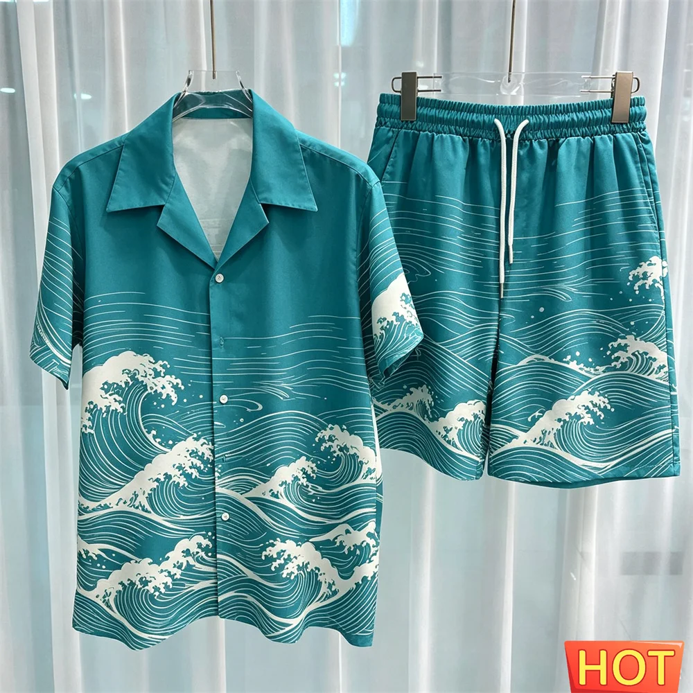 Summer Men's shirt Casual two-piece set Loose Thin Short Sleeve Shorts Fashion Ukiyo-e Wave Pattern shirt set y2k men outfit top